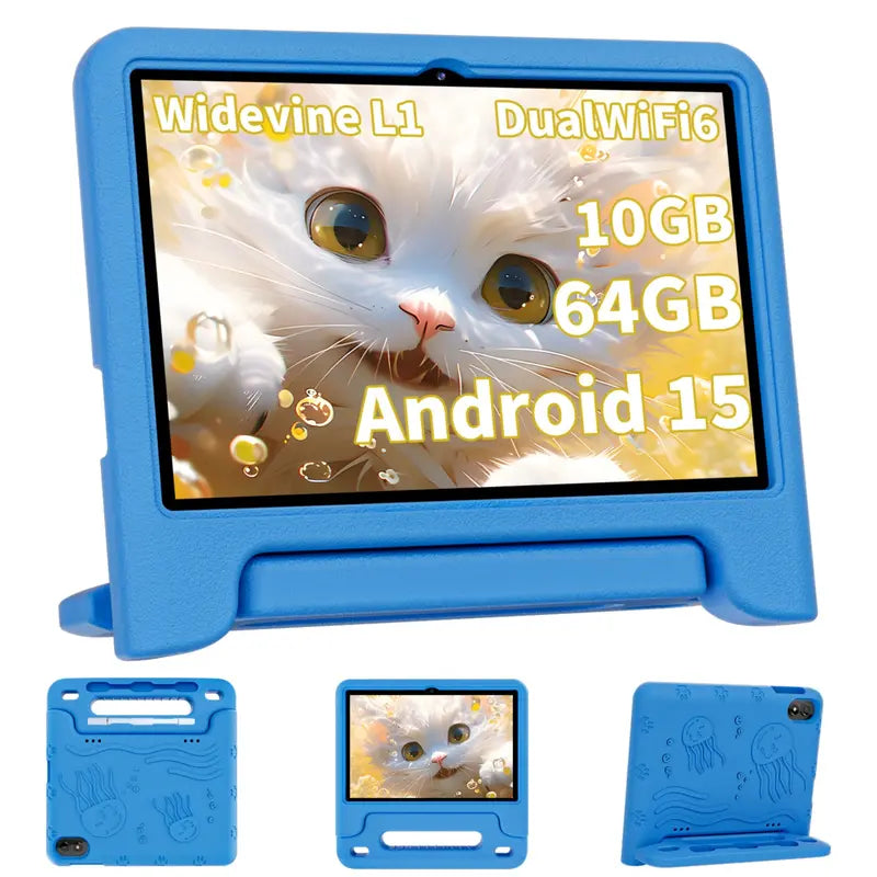 JUNINKE Kids 10.1" Android 15 Tablet - Educational Touchscreen Device with Protective Case, Dual Cameras, Wi-Fi, Parental Controls & Long-lasting Battery