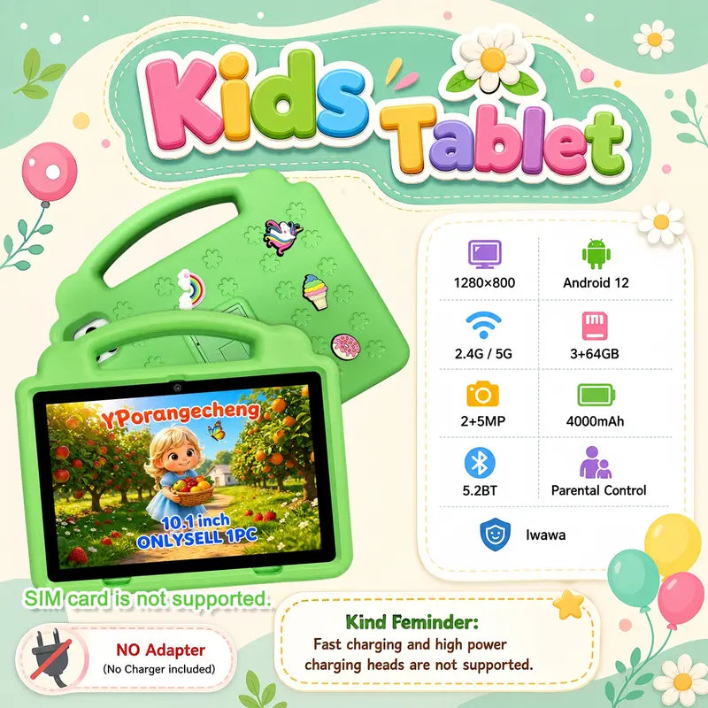 10.1In Chargeable Screen Children'S Learning & Entertainment Tablet, Android 12, 3+64GB Storage, 4000Mah Battery, 2+5 MP Dual Cameras, Shockproof, Bluetooth, Wifi, Parental Control, Holiday Gifts, No Adapter (Tiktok Shop Fall Deals, 2026 Stockup)