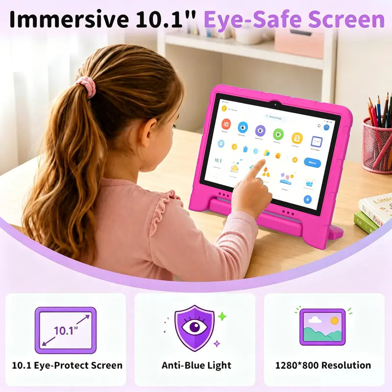 JUNINKE Kids 10.1" Android 15 Tablet - Educational Touchscreen Device with Protective Case, Dual Cameras, Wi-Fi, Parental Controls & Long-lasting Battery