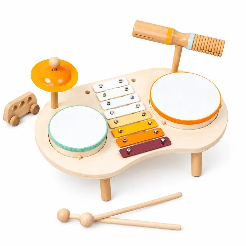 Kids Wooden Drum Set with Xylophone, 2 Drums & 2 Cymbals, Musical Instruments for Toddlers, Montessori Percussion Toys for Boys Girls, Educational Music Toy Ages 1-3