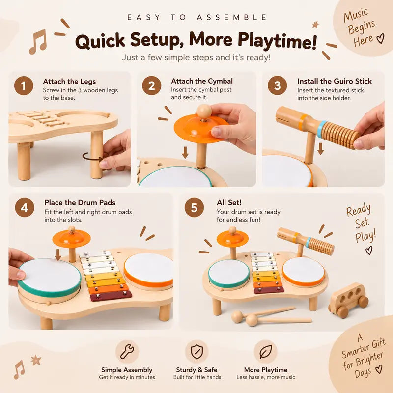 Kids Wooden Drum Set with Xylophone, 2 Drums & 2 Cymbals, Musical Instruments for Toddlers, Montessori Percussion Toys for Boys Girls, Educational Music Toy Ages 1-3