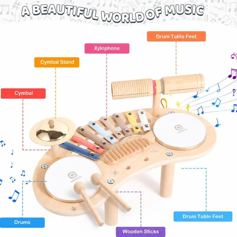Kids Wooden Drum Set with Xylophone, 2 Drums & 2 Cymbals, Musical Instruments for Toddlers, Montessori Percussion Toys for Boys Girls, Educational Music Toy Ages 1-3