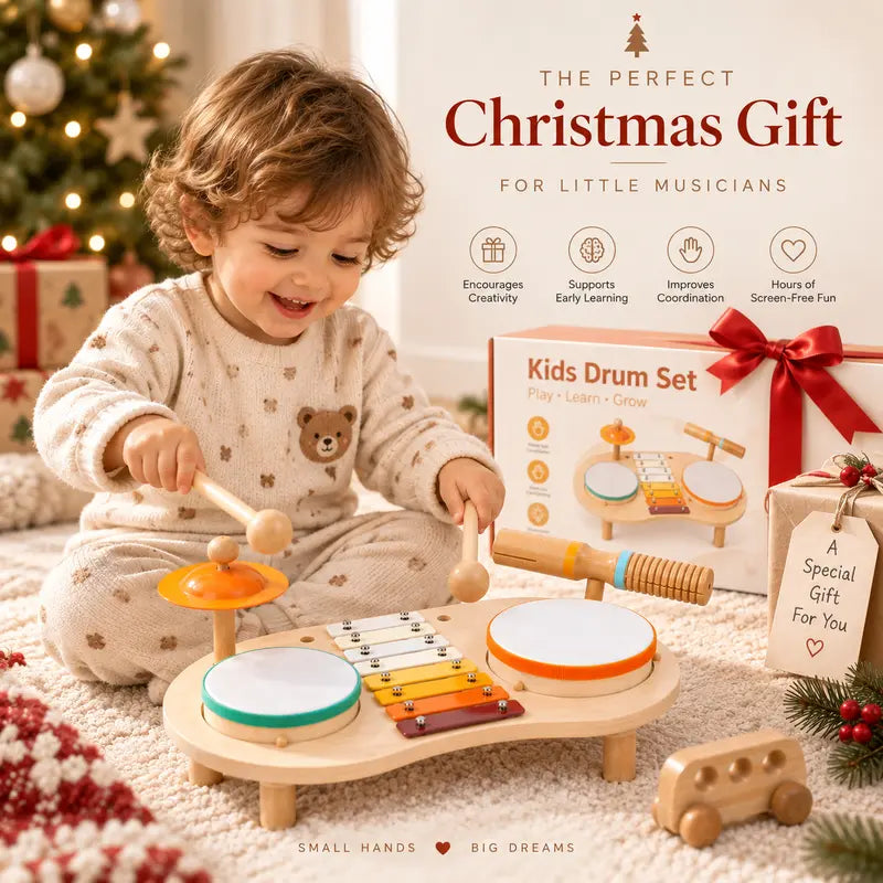 Kids Wooden Drum Set with Xylophone, 2 Drums & 2 Cymbals, Musical Instruments for Toddlers, Montessori Percussion Toys for Boys Girls, Educational Music Toy Ages 1-3