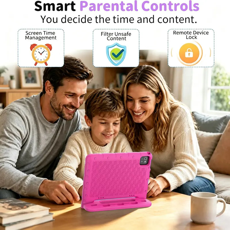 JUNINKE Kids 10.1" Android 15 Tablet - Educational Touchscreen Device with Protective Case, Dual Cameras, Wi-Fi, Parental Controls & Long-lasting Battery