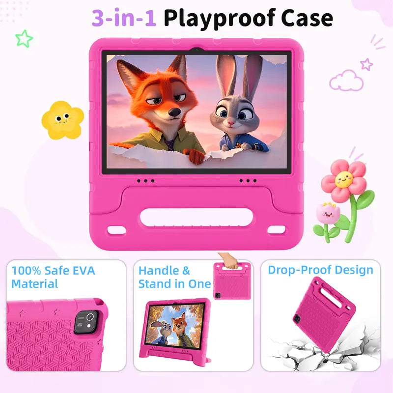 JUNINKE Kids 10.1" Android 15 Tablet - Educational Touchscreen Device with Protective Case, Dual Cameras, Wi-Fi, Parental Controls & Long-lasting Battery