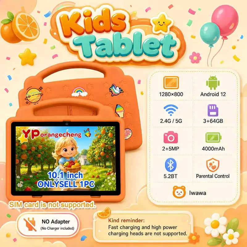 10.1In Chargeable Screen Children'S Learning & Entertainment Tablet, Android 12, 3+64GB Storage, 4000Mah Battery, 2+5 MP Dual Cameras, Shockproof, Bluetooth, Wifi, Parental Control, Holiday Gifts, No Adapter (Tiktok Shop Fall Deals, 2026 Stockup)