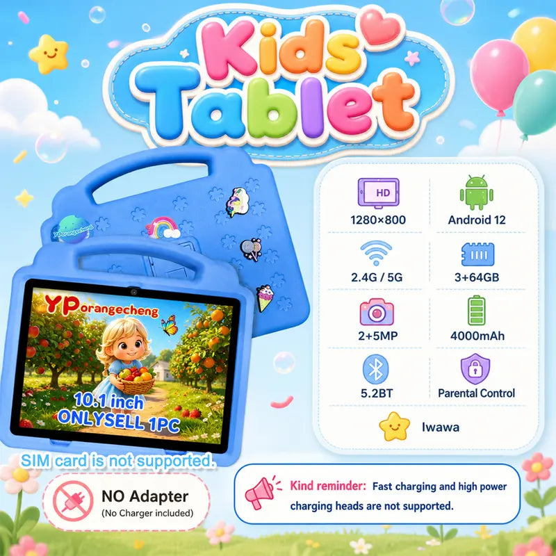 10.1In Chargeable Screen Children'S Learning & Entertainment Tablet, Android 12, 3+64GB Storage, 4000Mah Battery, 2+5 MP Dual Cameras, Shockproof, Bluetooth, Wifi, Parental Control, Holiday Gifts, No Adapter (Tiktok Shop Fall Deals, 2026 Stockup)