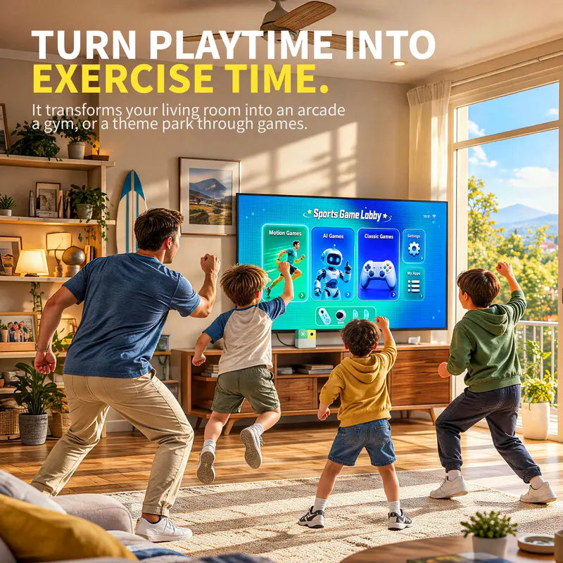 YUYIU U7-BOX 4K Motion Sensing Game Console for Kids & Families – Built-In Sports Games, AI Camera Games, Classic Games, with 2 Wireless Controllers & Stand
