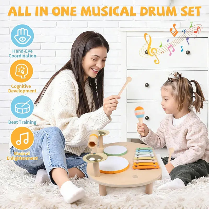 Kids Wooden Drum Set with Xylophone, 2 Drums & 2 Cymbals, Musical Instruments for Toddlers, Montessori Percussion Toys for Boys Girls, Educational Music Toy Ages 1-3