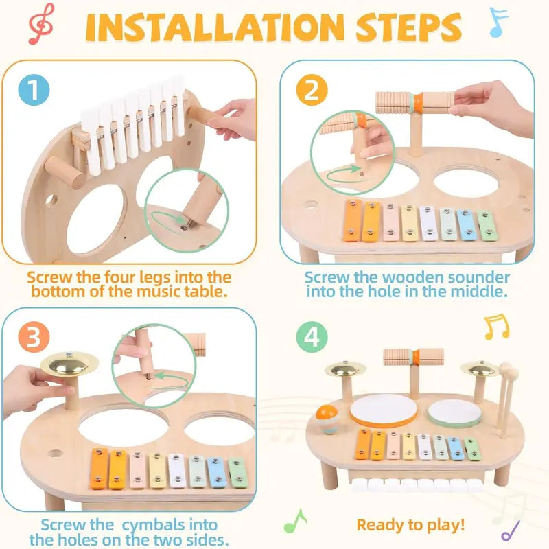 Kids Wooden Drum Set with Xylophone, 2 Drums & 2 Cymbals, Musical Instruments for Toddlers, Montessori Percussion Toys for Boys Girls, Educational Music Toy Ages 1-3