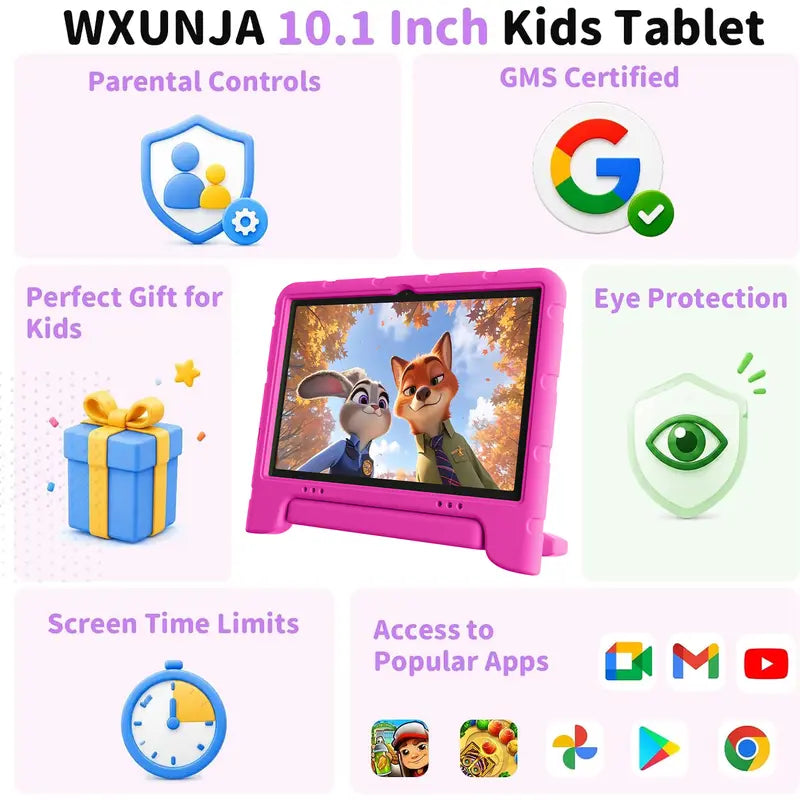 JUNINKE Kids 10.1" Android 15 Tablet - Educational Touchscreen Device with Protective Case, Dual Cameras, Wi-Fi, Parental Controls & Long-lasting Battery