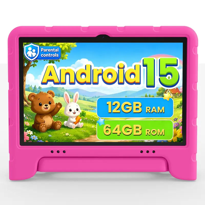 JUNINKE Kids 10.1" Android 15 Tablet - Educational Touchscreen Device with Protective Case, Dual Cameras, Wi-Fi, Parental Controls & Long-lasting Battery