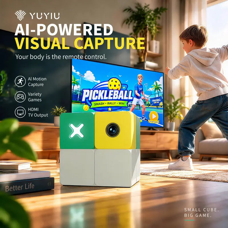 YUYIU U7-BOX 4K Motion Sensing Game Console for Kids & Families – Built-In Sports Games, AI Camera Games, Classic Games, with 2 Wireless Controllers & Stand