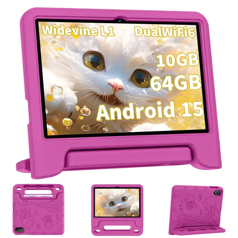 JUNINKE Kids 10.1" Android 15 Tablet - Educational Touchscreen Device with Protective Case, Dual Cameras, Wi-Fi, Parental Controls & Long-lasting Battery