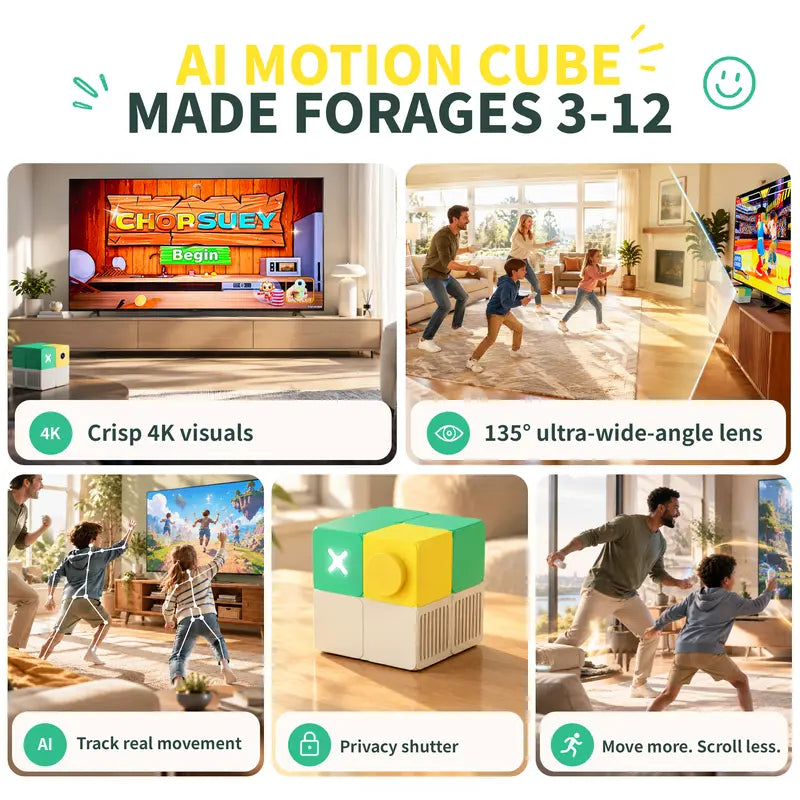YUYIU U7-BOX 4K Motion Sensing Game Console for Kids & Families – Built-In Sports Games, AI Camera Games, Classic Games, with 2 Wireless Controllers & Stand