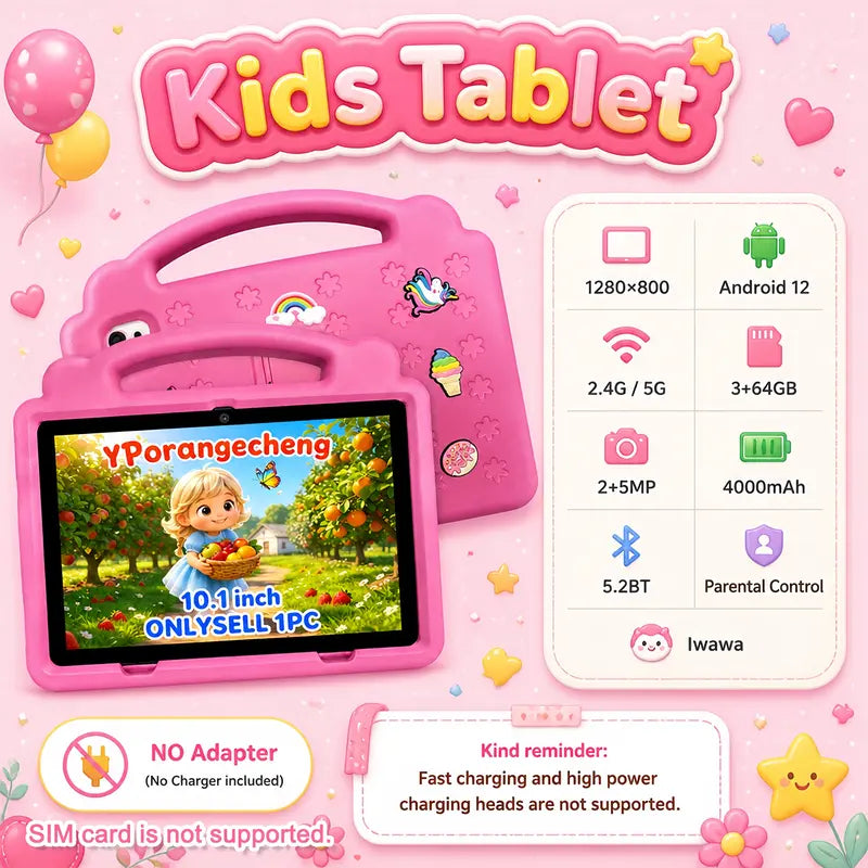 10.1In Chargeable Screen Children'S Learning & Entertainment Tablet, Android 12, 3+64GB Storage, 4000Mah Battery, 2+5 MP Dual Cameras, Shockproof, Bluetooth, Wifi, Parental Control, Holiday Gifts, No Adapter (Tiktok Shop Fall Deals, 2026 Stockup)