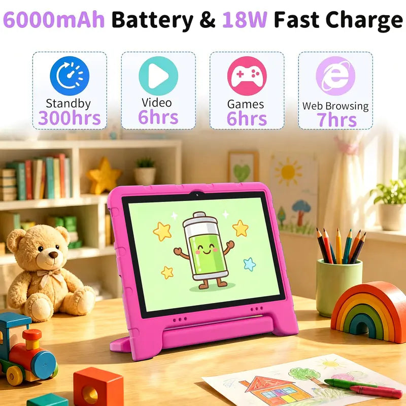 JUNINKE Kids 10.1" Android 15 Tablet - Educational Touchscreen Device with Protective Case, Dual Cameras, Wi-Fi, Parental Controls & Long-lasting Battery
