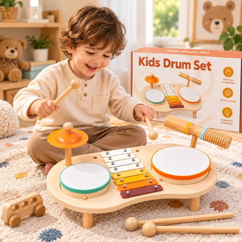 Kids Wooden Drum Set with Xylophone, 2 Drums & 2 Cymbals, Musical Instruments for Toddlers, Montessori Percussion Toys for Boys Girls, Educational Music Toy Ages 1-3