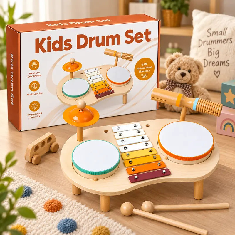Kids Wooden Drum Set with Xylophone, 2 Drums & 2 Cymbals, Musical Instruments for Toddlers, Montessori Percussion Toys for Boys Girls, Educational Music Toy Ages 1-3