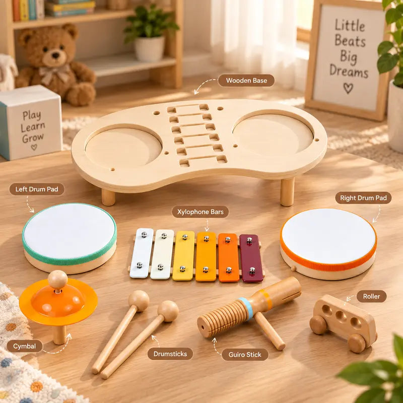 Kids Wooden Drum Set with Xylophone, 2 Drums & 2 Cymbals, Musical Instruments for Toddlers, Montessori Percussion Toys for Boys Girls, Educational Music Toy Ages 1-3