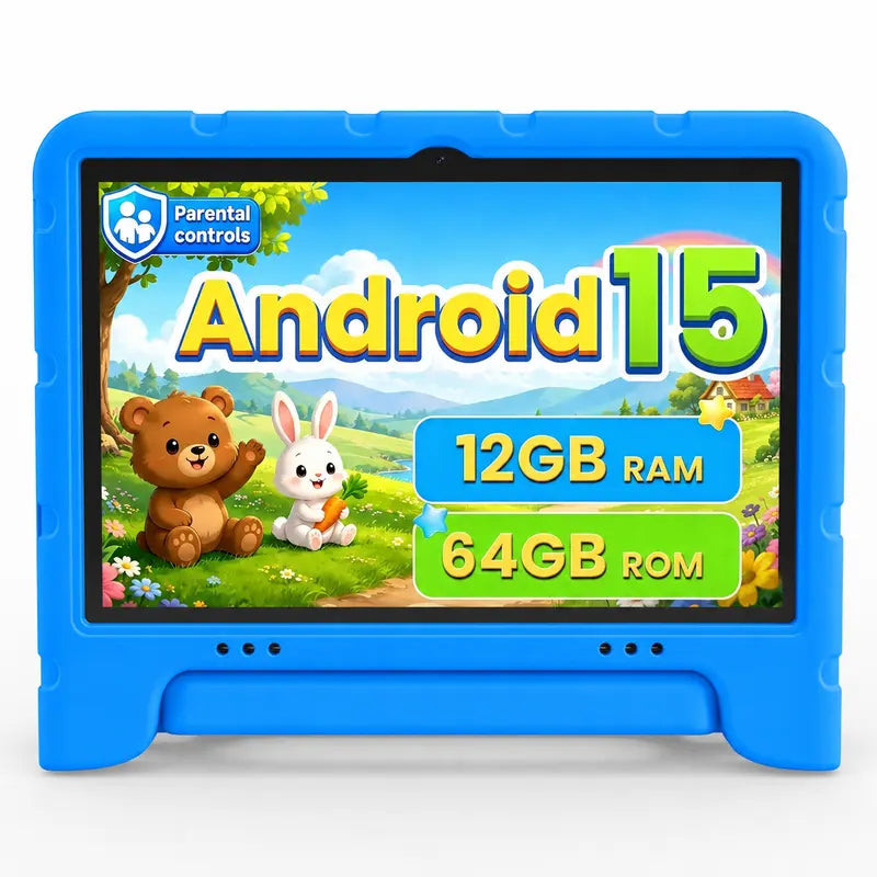 JUNINKE Kids 10.1" Android 15 Tablet - Educational Touchscreen Device with Protective Case, Dual Cameras, Wi-Fi, Parental Controls & Long-lasting Battery